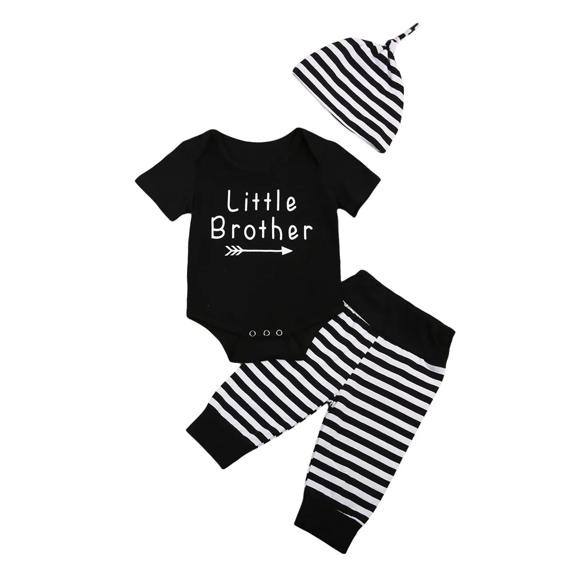 Brand New Little Brother Newborn Toddler Baby Boy Black Stripe Short Sleeve Romper+Long Leggings Hat Outfits Set |