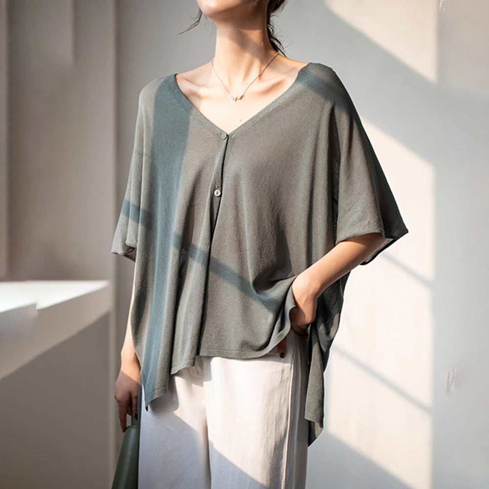 

Sweater T-shirt Women Single Button Ladies Fashion Cardigan Short-Sleeves Wearing Medium And Long Loose Knitwear Thin Slim New