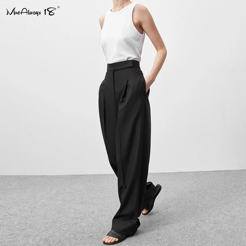 

Mnealways 18 Spring Summer Black Ladies Office Trousers Women High Waist Pants Pockets Female Pleated Wide Leg Pants Solid 2022