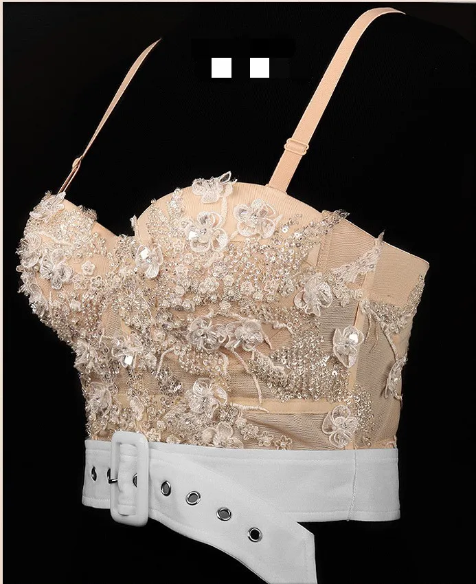 Sexy Lace Spaghetti Strap Sleeveless Backless Camis Hollow Out Off Shoulder Sequins Pearl Padded Push Up Women Dance Crop Top