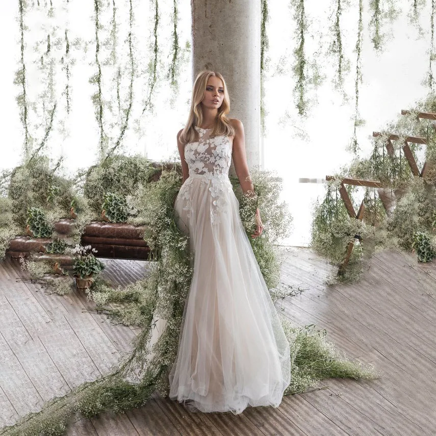 

Scoop A Line Wedding Dresses Sleeveless 3D Flower Lace Appliques Backless Tulle Bridal Gowns Floor Length Vestido De Novia 2021