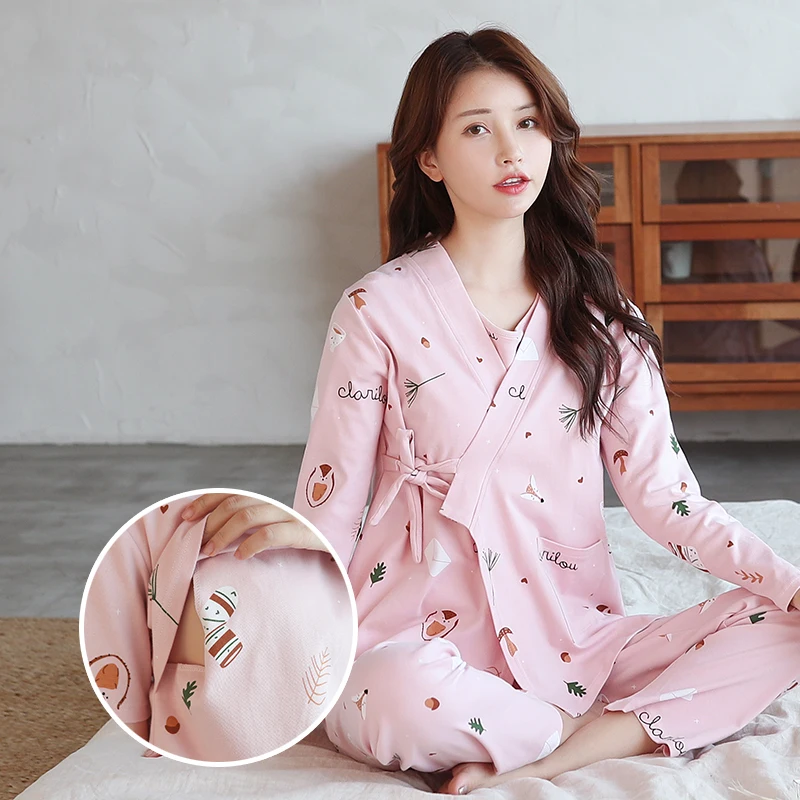 Весенняя Милая Хлопковая пижама Autuamn с принтом розового цвета для беременных и