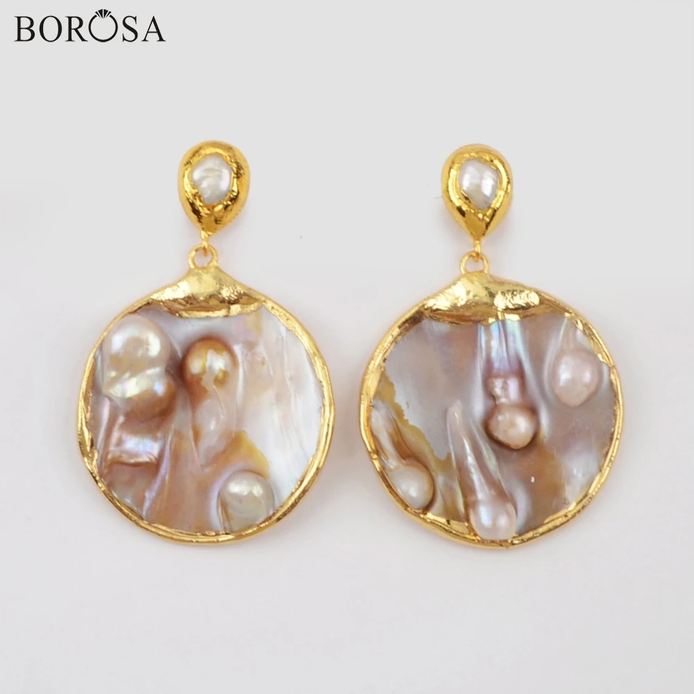 BOROSA Mother of жемчужной сережкой, 3/5 пар в комплекте; золотистые; круглый натуральный жемчуг серьги в виде капель с пресноводный жемчуг свободная форма Для женщин ювелирные изделия G1901-E