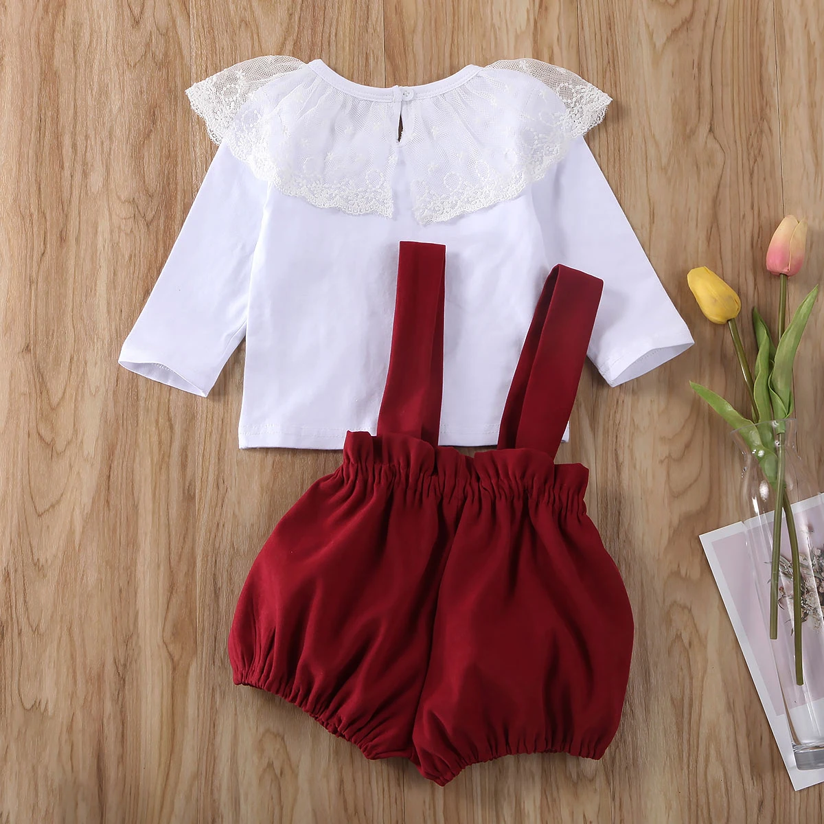 Pudcoco Newborn Baby Girl Clothes Solid Color Lace Ruffle Long Sleeve Tops Strap Shorts Overalls 2Pcs Outfits Cotton Clothes