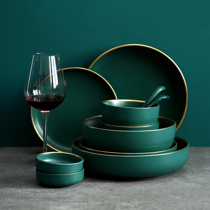 

Phnom Penh Dark Green Ceramic Dishes Set High-end Home Restaurant Plate Nordic Simplicity Western Food Plate Salad Bowl