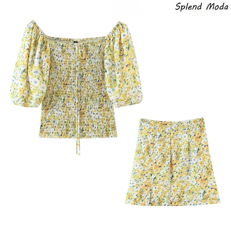 

Summer Vintage Square Collar Elastic Pleated Slim Printed Short Lantern Sleeve Blouse Crop Top + Split Mini Skirt Woman Summer
