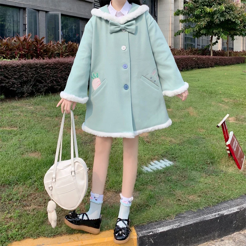 

Winter Coat Cute Girl Preppy Style Navy Collar Lolita Long Sleeve Single-Breasted Cat Ears Kawaii Jacket Women Woolen Outweare