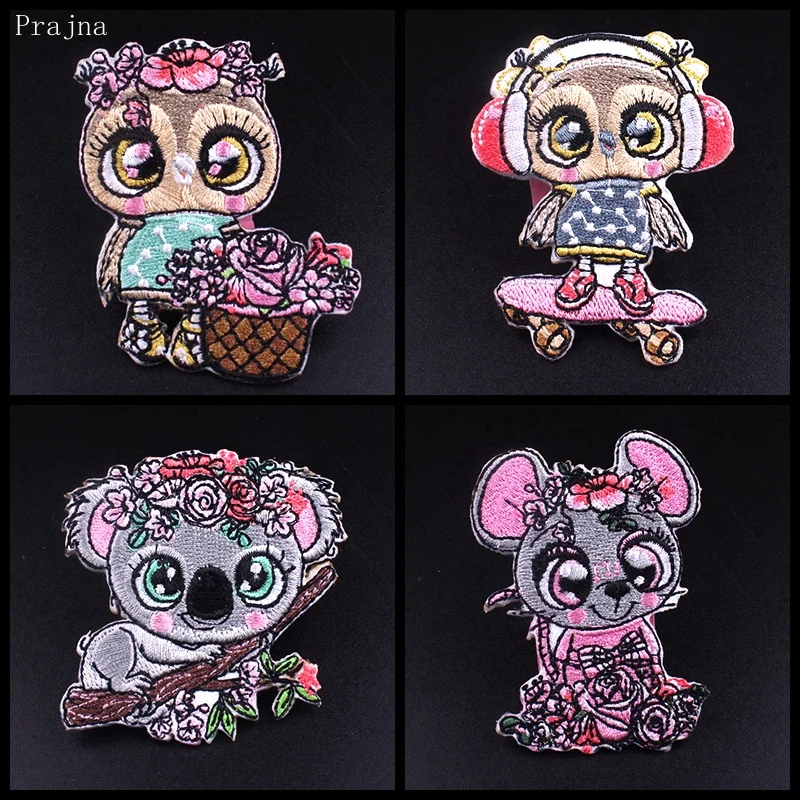 

Prajna Lovely Koala Iron On Patches Owls Mouse Patch Embroidered Applique Cartoon Flower Sticker On Clothes Kids T Shirt DIY