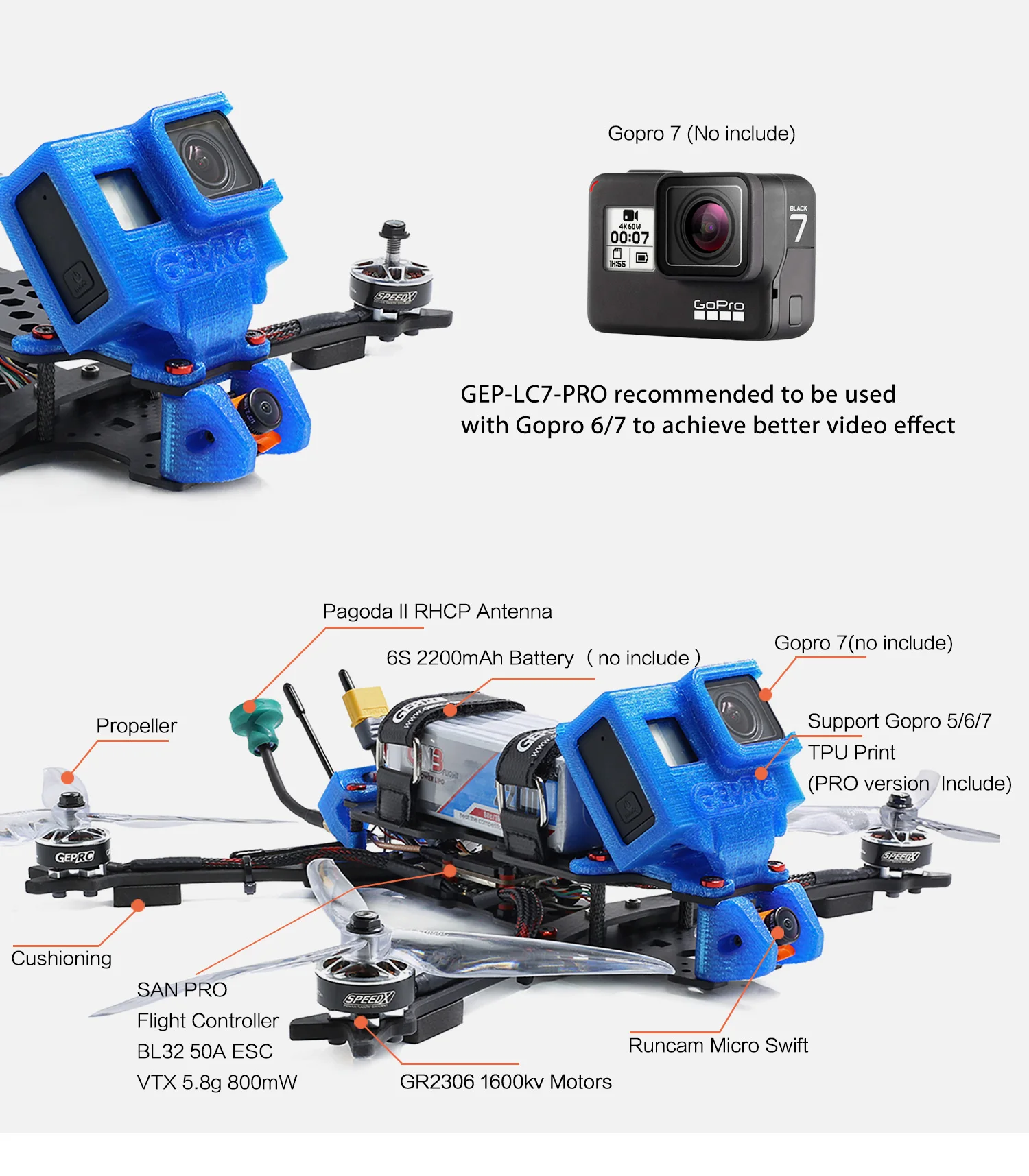 

GEPRC Crocodil GEP-LC7-PRO/GEP-LC7-1080 315mm 7 Inch RC FPV Race Drone Betaflight F4 50A Runcam Swift RC FPV Quadcopter