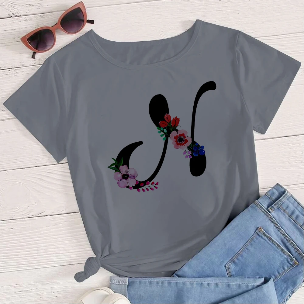 

Aesthetic Letter Flowers Graphic Seven Colors Tshirt Netherlands Vogue Women Tops Short Sleeve Clothing ladies Spring T-shirt