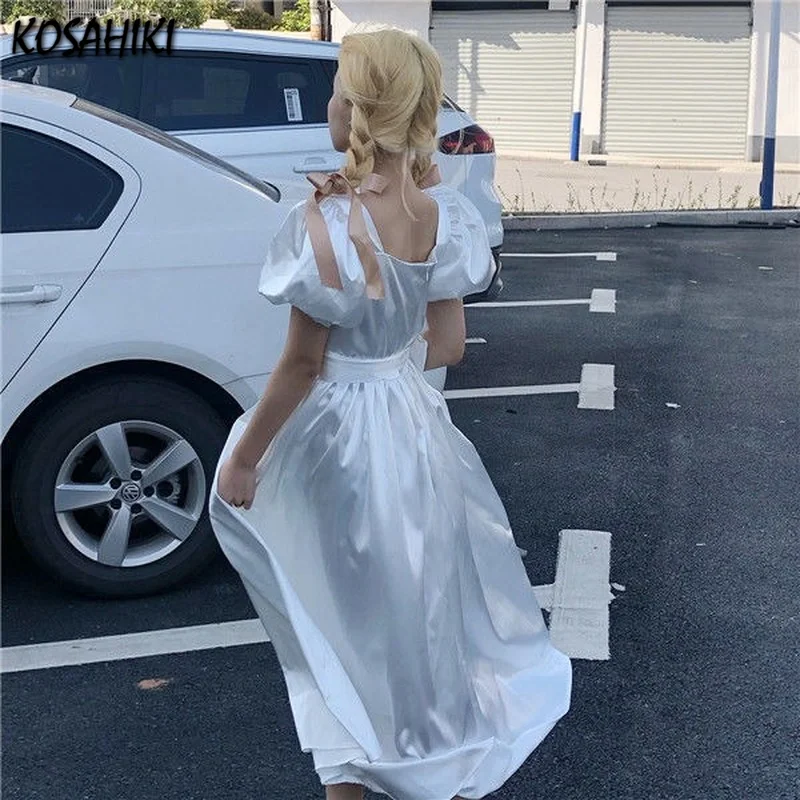 

KOSAHIKI Summer Fairy Dress Female 2021 Fashion Square Collar Puff Sleeves Long White Dresses Harajuku Princess Kawaii Vestidos