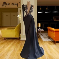 newest one full sleeve beaded evening dresses arabic v neck 3d flowers prom gowns muslim black special occasion party dress