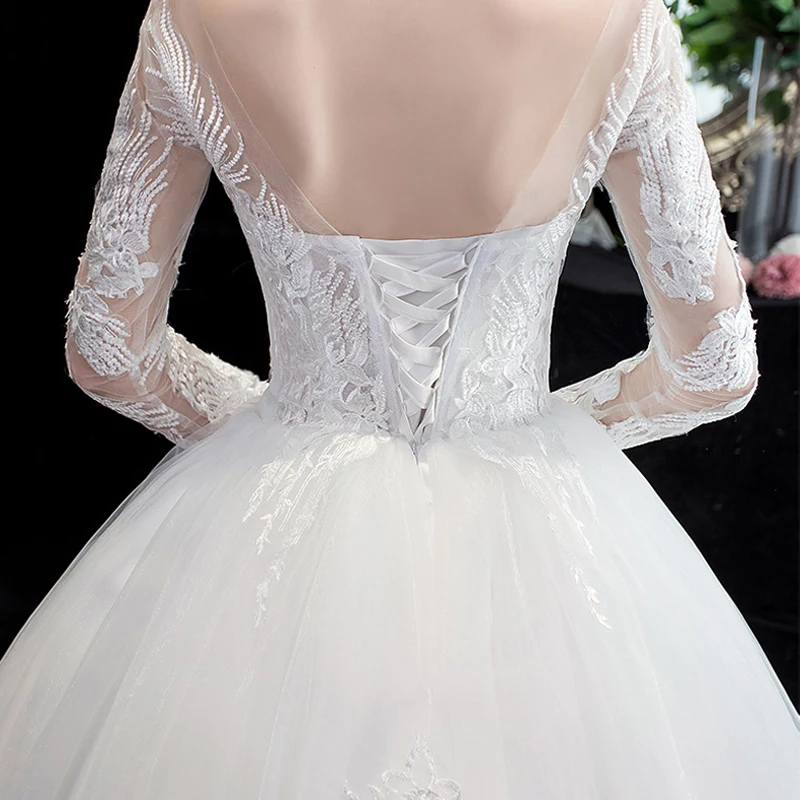 

New Wedding Dress Deep V-Neck Embroidery Full Sleeves Pleat Floor-Length Backless Tulle Plus Size Wedding Gowns For Women G174