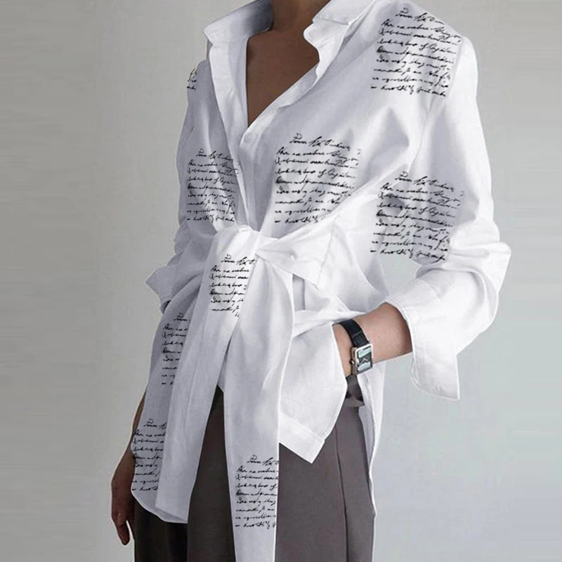 

Lace Up Slim Bandage Tops Blouse Women Letters Print Top Shirts Blouses Female Autumn Fall Casual Ladies Office Blouses Top Sexy