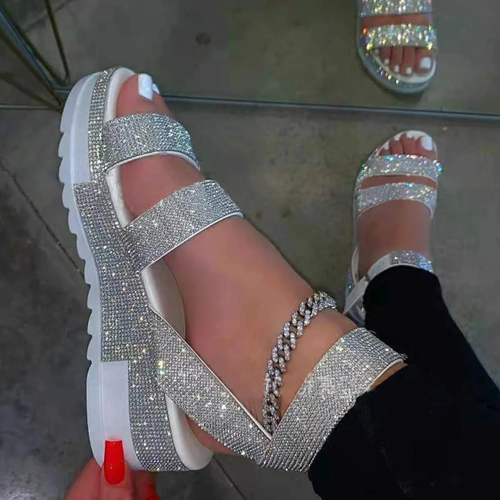 

Women's Summer Crystal Wedges Sandals Ladies Casual Buckle Strap Muticolor Shoes Waterproof Thick Bottom Sandalesfemmest