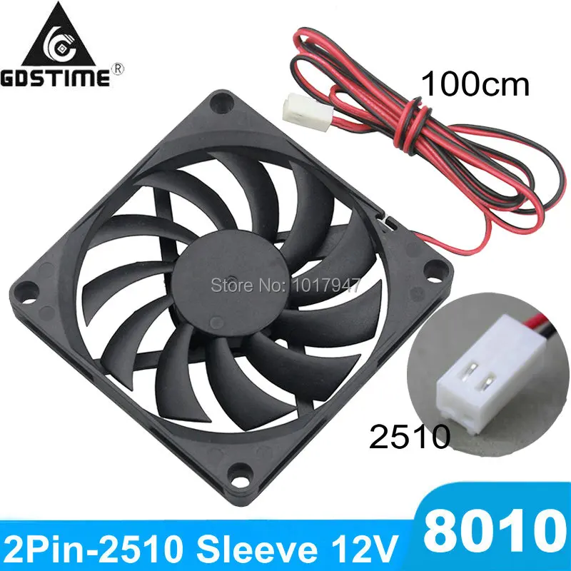 

100Pcs Lot Gdstime DC 12V 2Pin 2510 Connector 80mm Case Cooling Fan 80x80x10MM CPU Cooler 8cm 8010 with 100cm Cable Length
