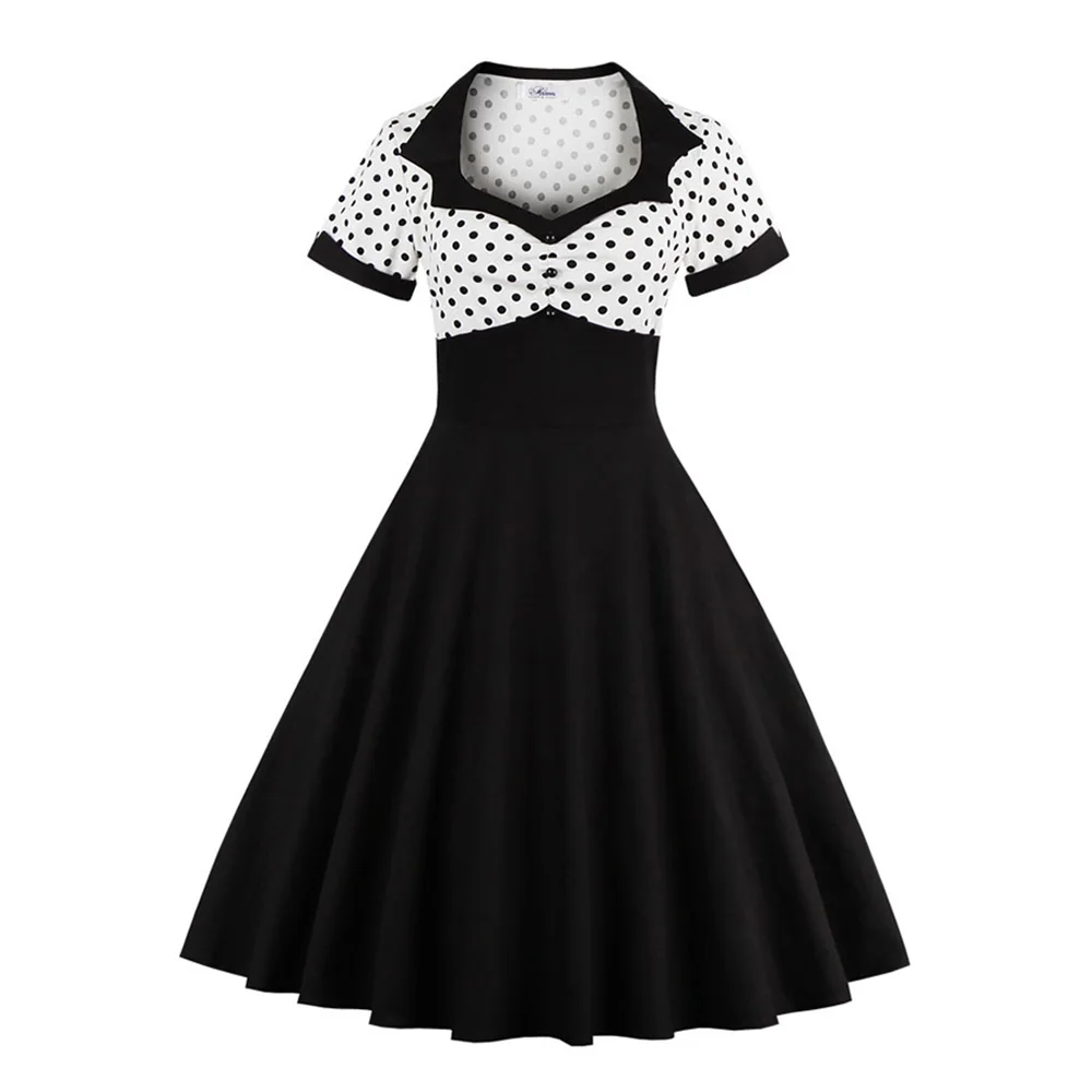 Черное белое в горошек винтажное платье летнее женское с принтом короткий рукав