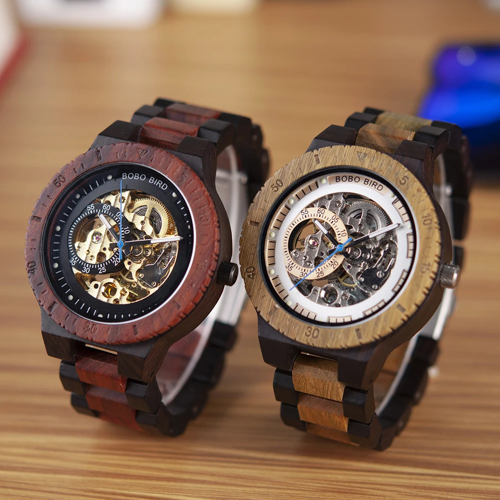 BOBO BIRD Wooden Mechanical Watch Men Luxury Automatic Wristwatch Reloj Mecanico Luminous Timepiece Custom Logo Great Gift Box
