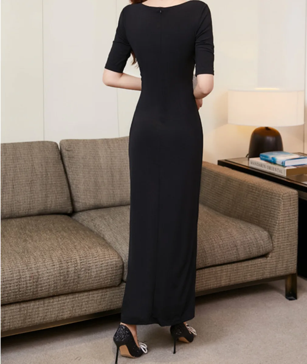 

BacklakeGirls 2021 Sexy Twisted Chest Side Slit Evening Dress Half Sleeve Bodycon Long Dresses Elegant Black Party Dress Woman