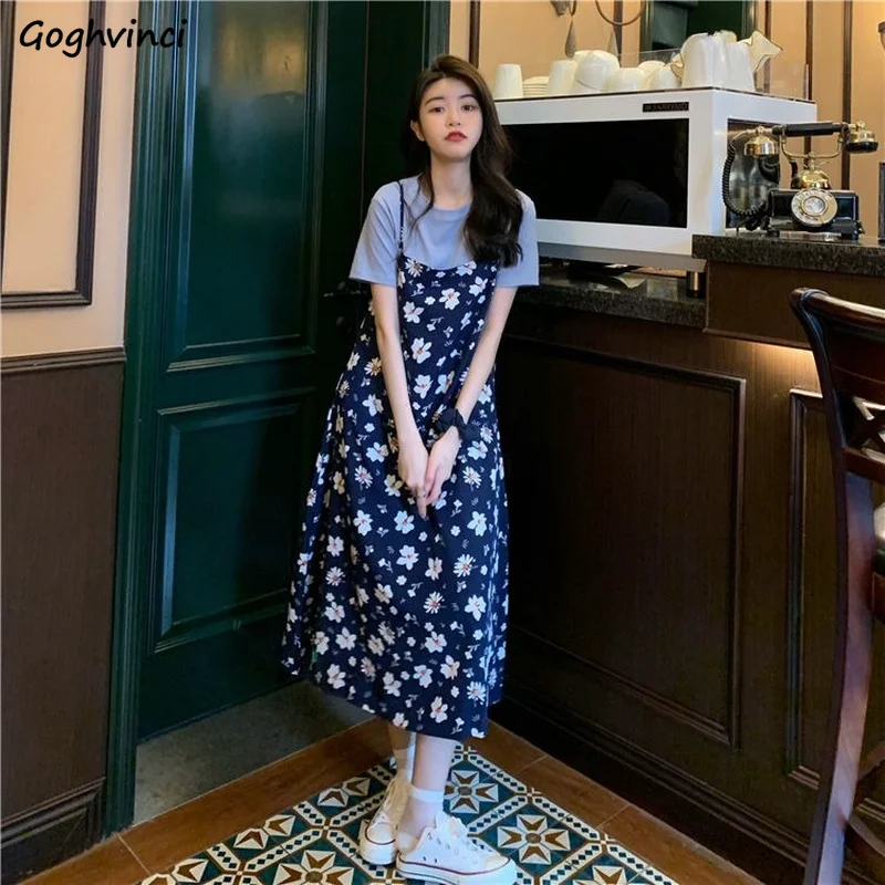 

A-line Dresses Women Print French Style Fashion Leisure All-match Summer Sweet Student Retro Mid-calf Spaghetti-strap Hot Sale
