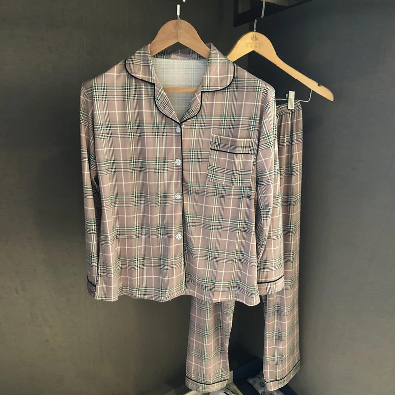 

Pajama Sets Korean New Milk Shreds Women's Sleepwear Fashion Plaid Spring Autumn Long Sleeve Pyjamas Nightwear Home Wear Women