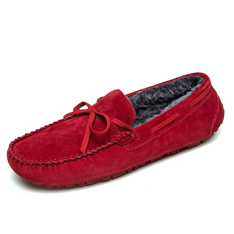 SYXY-8635-1-Red Замшевые лоферы; Мужские красные мокасины; зимняя повседневная обувь из плюша; мужские лоферы на плоской подошве; меховая обувь без застежки; обувь для вождения; большие размеры 37-45 - Цвет: SYXY-8635-1-Red