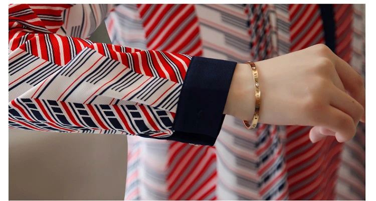 Осень с длинным полосатая рукавом шифоновая блузка рубашка модные женские