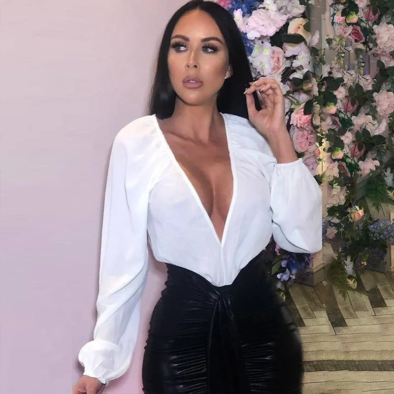 

2021 Spring Autumn Bodysuit Elegant Fashion Office Lady Skinny Solid Chiffon Women Jumpsuits Deep V-neck Long Sleeve Bodysuit
