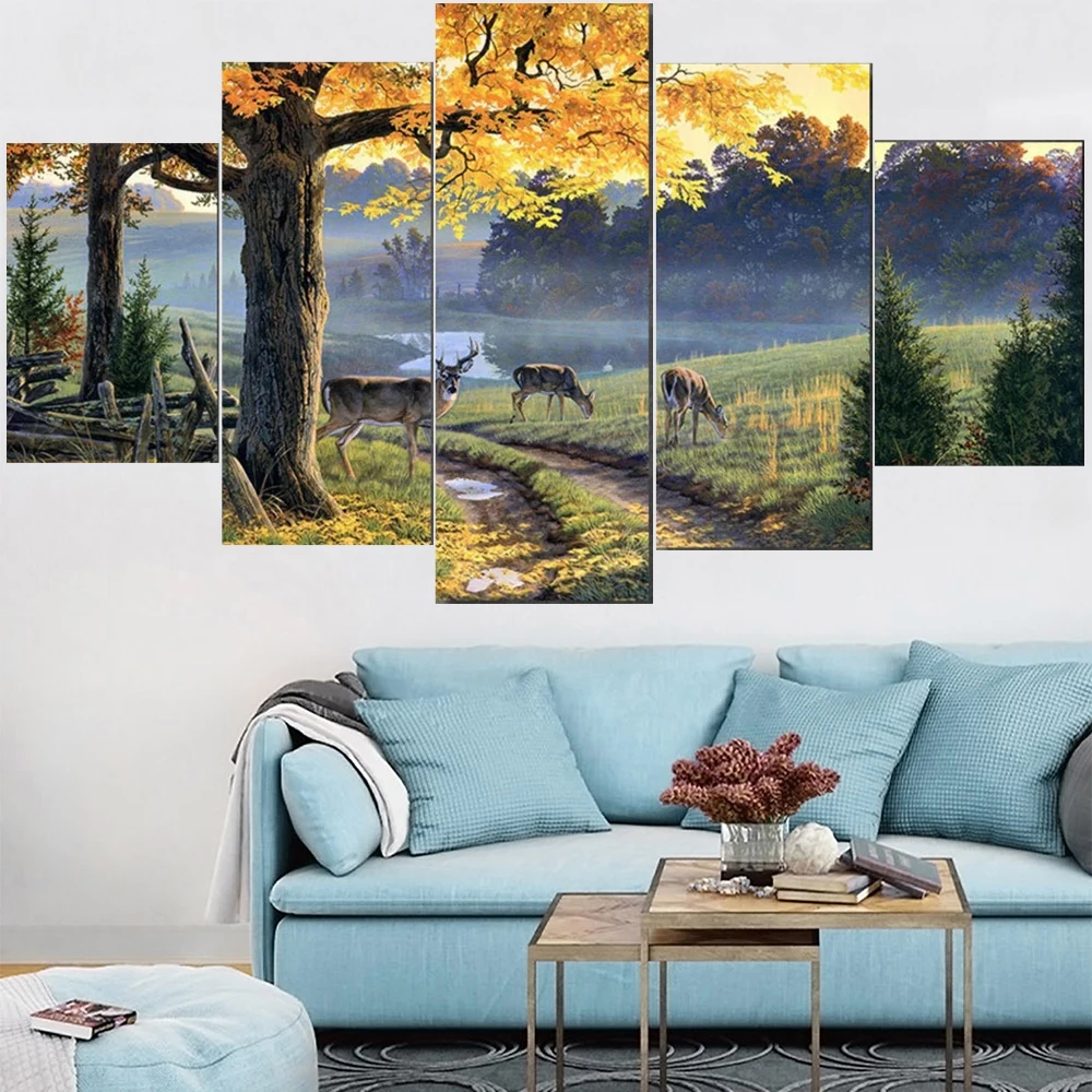 

5 Pieces Wall Art Canvas Painting Autumn Meadow Lake Landscape Poster Modular Pictures Home Decoration Modern Living Room