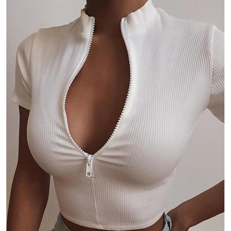 

White Black Zipper V Ncek Crop Tops Short Sleeve Summer Slim Sexy Women Casual Cotton T Shirt