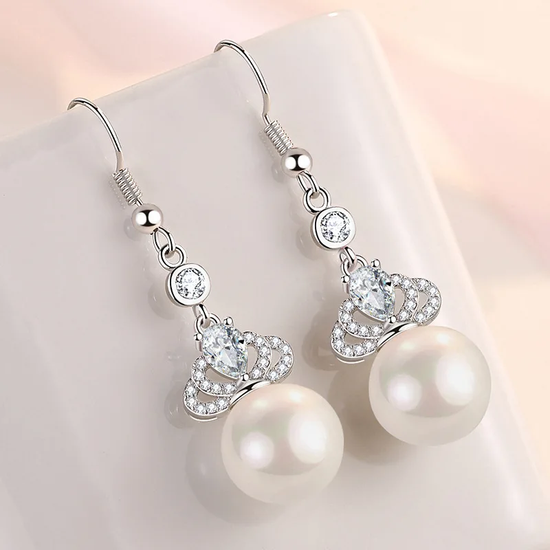 

KOFSAC Elegant Sweet Crown Earrings Women 925 Sterling Silver Jewelry Beautiful Zircon Pearl Earring Lady Wedding Accessories