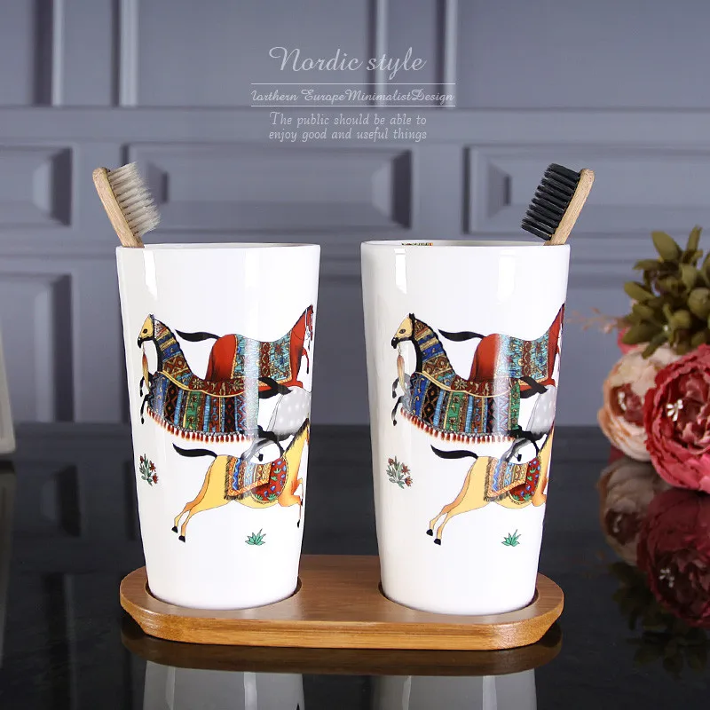 bathroom accessories set ceramic soap dispenser toothbrush holder gargle cup dish with bamboo tray wedding birthday gifts free global shipping