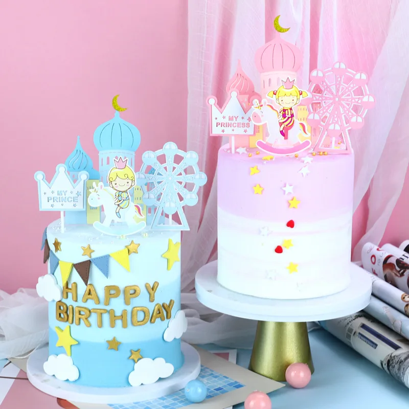 

1set Boy Girl Happy Birthday Cake Topper Pink Bule Castle Gender Reveal Cake Topper Baby Shower Party Supplies