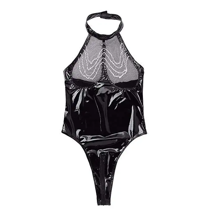 

Gothic new sexy lingerie patent leather jumpsuit dance clothes women's open crotch open chest motorcycle clothing mirror PV