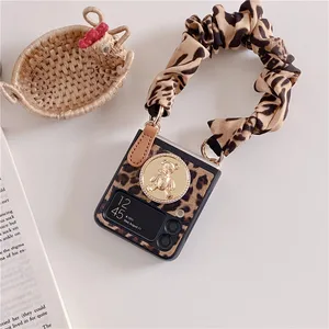 woman sexy leopard print leather with cloth bracelet phone case for samsung galaxy z flip 3 5g cute gold bear bracket hard cover free global shipping