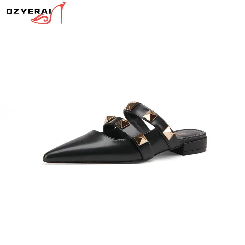 

2021 Summer Genuine Leather Slippers Women Rivet Sexy Fashion Sandals Loafers Outdoor Parties 100% Cowhide Slippers