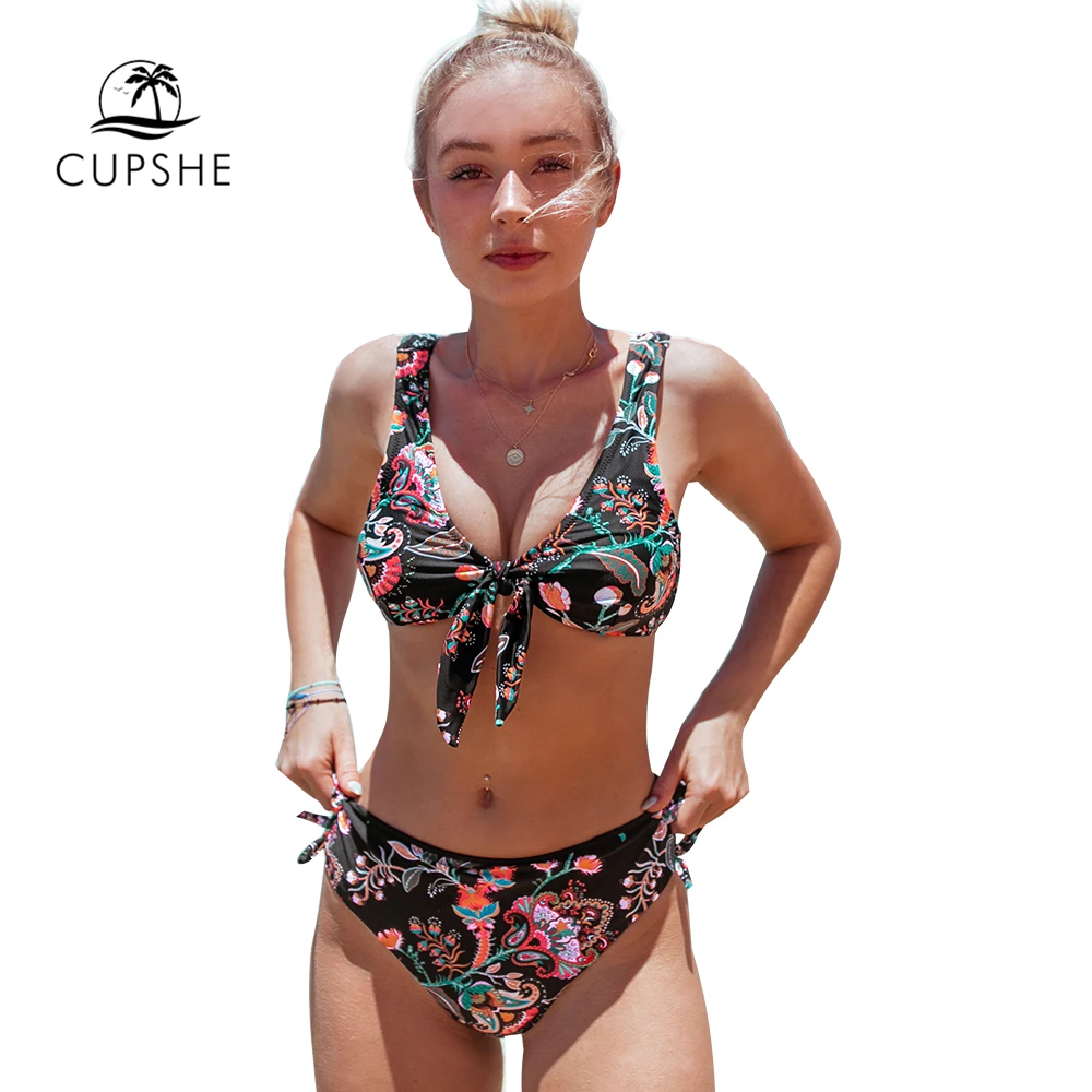 CUPSHE Boho черный Цветочный с завязками спереди средняя талия бикини наборы