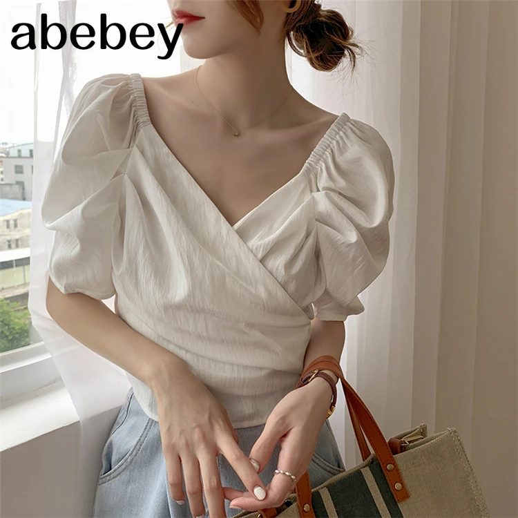

Женская Асимметричная блузка, повседневная винтажная блузка с V-образным вырезом и рукавами-фонариками, со складками, на шнуровке, лето 2021