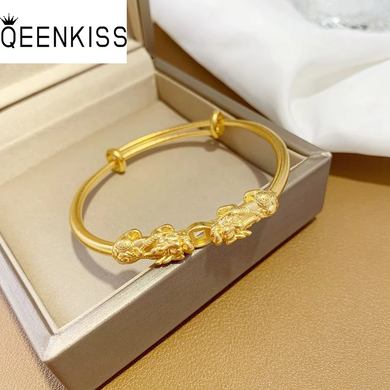 

QEENKISS BT5247 Fine Jewelry Wholesale Fashion Woman Bride Birthday Wedding Gift Vintage PIXIU Coin 24KT Gold Bracelet Bangle