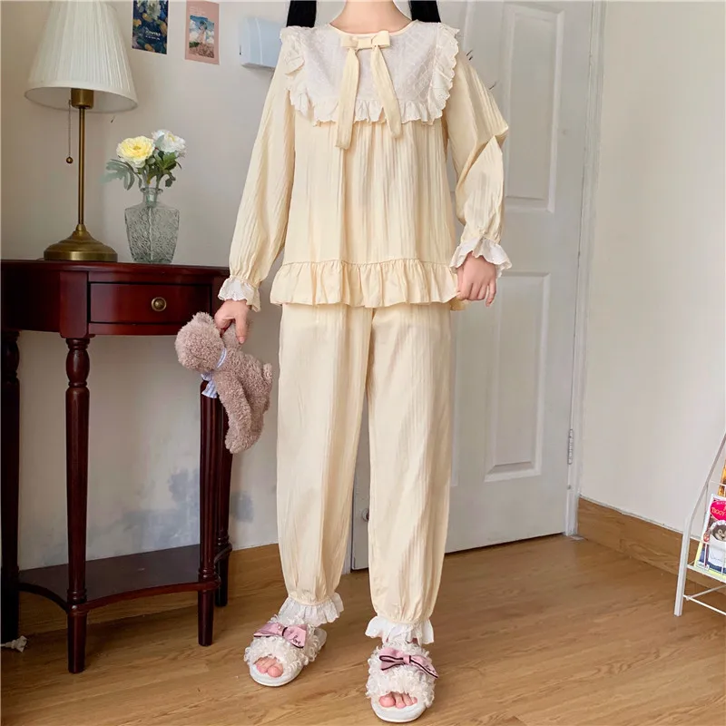 

Sweet Korean Version Of Pajamas Women Simple Loose Fresh Two Piece Set Comfortable Wide Leg Pants Casual Home Wear For Female