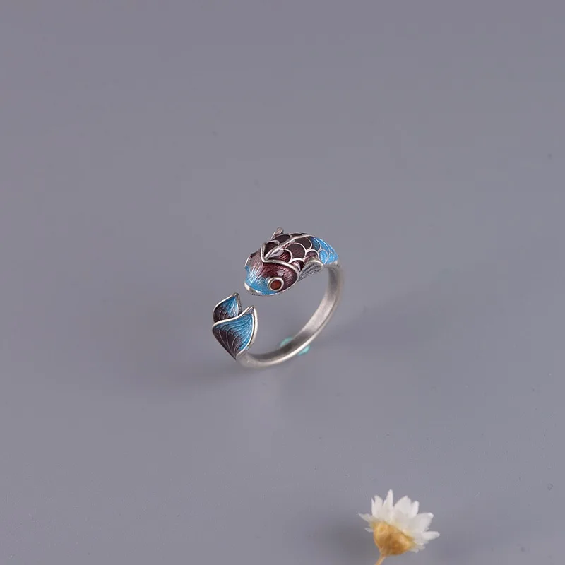 BALMORA 925 Sterling Silver cloisonné-style Carp Animal Open Rings for Women Lady Love Gift Fashion Ethnic Jewelry Anillos | Украшения и