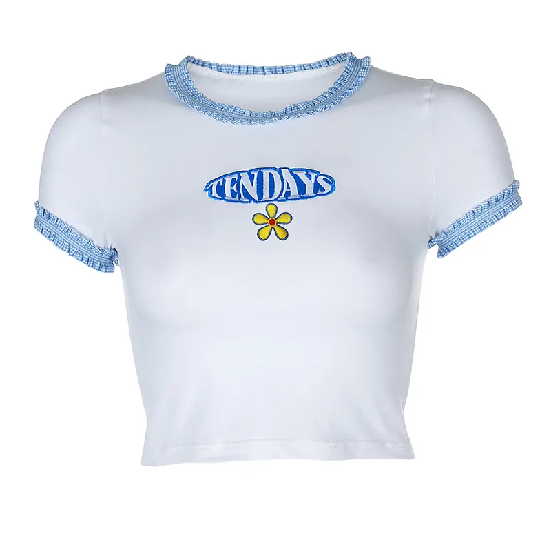 

Vintage Letter Print Sexy Crop Tops Women Casual Short Sleeve embroidery Pullover Tees Summer Slim Streetwear T-shirt Woman 2021