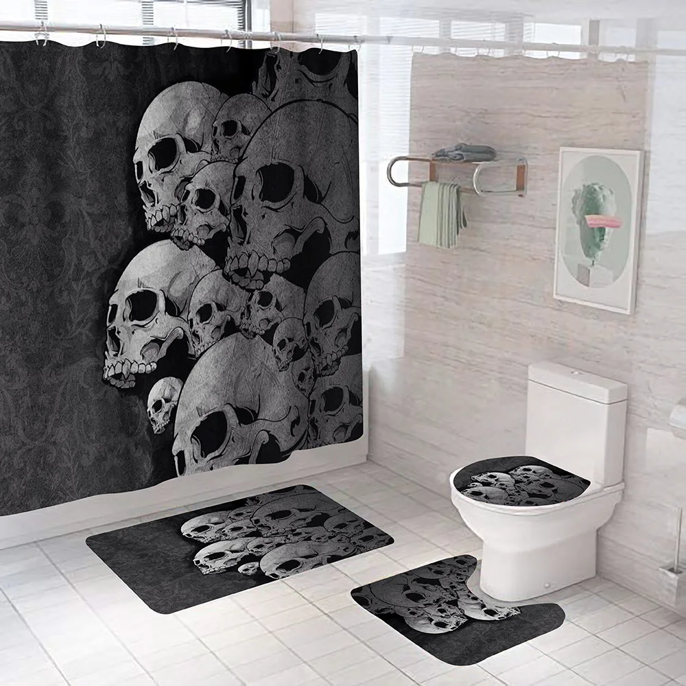 

3D Print Skull Shower Curtain Anti-skid Bath Rugs Carpet Toilet Lid Cover Mat Black Waterproof Polyester Bathroom Curtains Decor