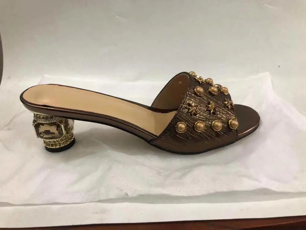 

Summer women's high quality real leather rivets sandals Slides Chic high heeled slippers shoes EU35-41 size BY750