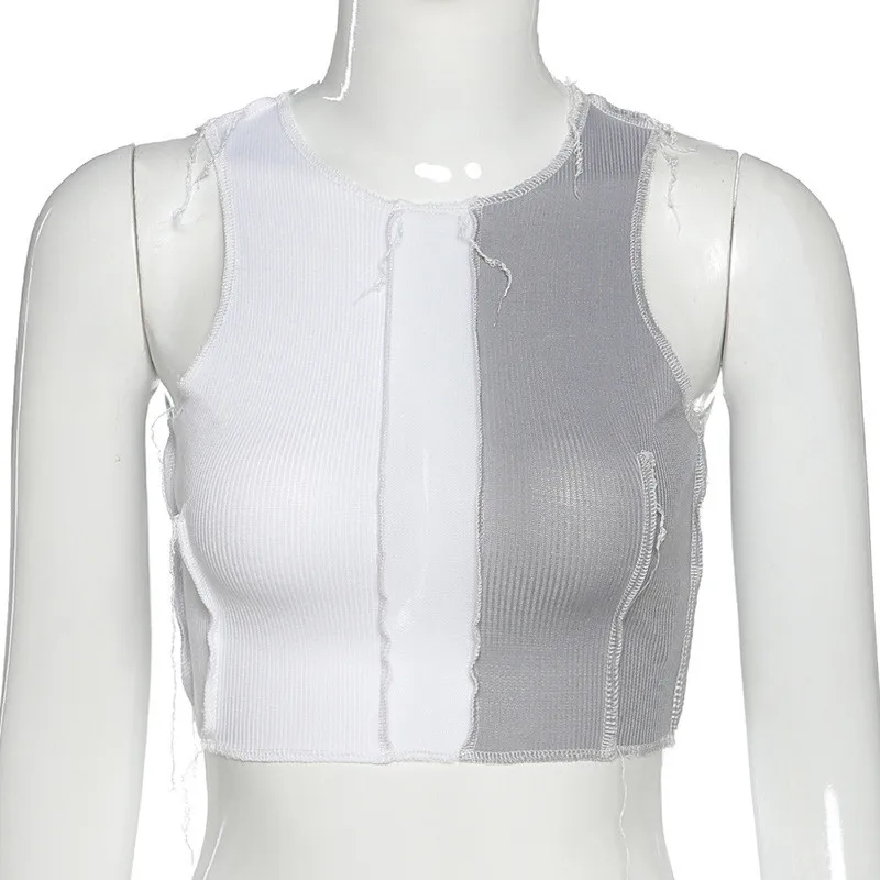 

Women Sleeveless See-through Sexy Crop Top Women Mesh Patchwork Design Tank Tops Punk Style Street Casual Wear Wild Vest Female
