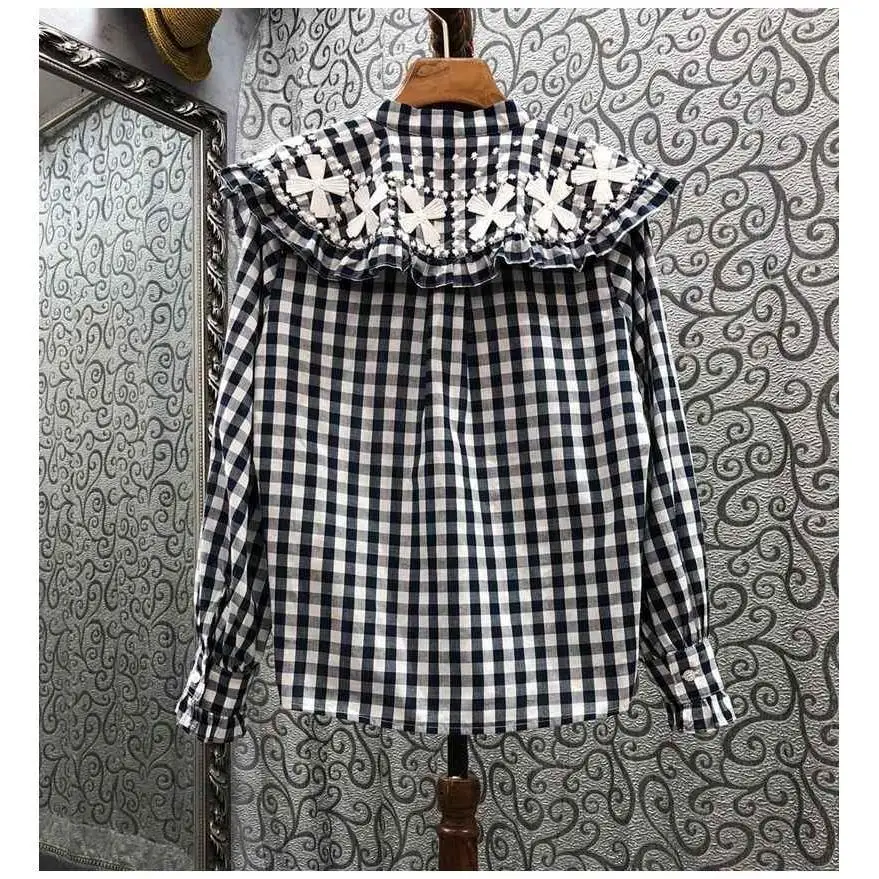 

VANOVICH 2021 Peter Pan Collar Cross Embroidered Plaid Spliced Plaid Korean Girls Women Shirts Blouses