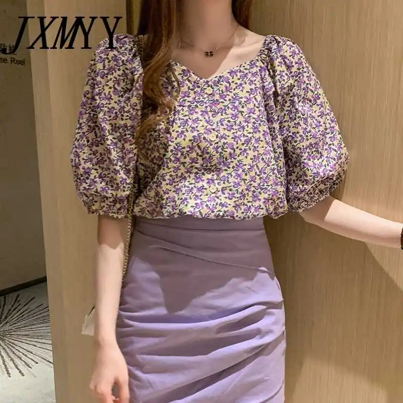 

ICCLEK JXMYY Vintage Floral Print Blouse Women Puff Sleeve Square Collar Tops Short Sleeve Clothes 2021 Summer Korean Fashion
