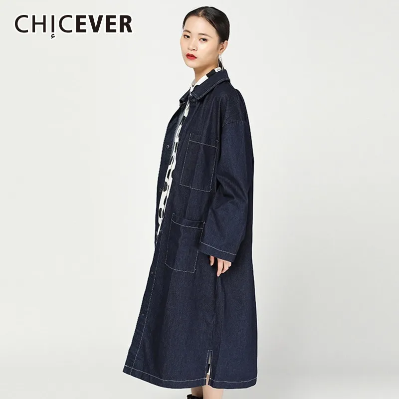 

CHICEVER осеннее джинсовое пальто для женщин ветровки с отворотом длинный рукав однобортный Тренч Женская мода уличная мода 2020