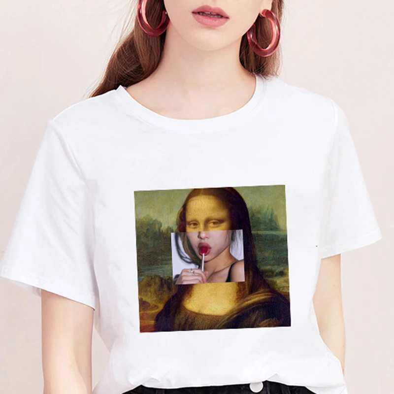 

Mona Lisa T shirt Women spoof personality fashion Tshirt summer Harajuku aesthetics Short Sleeve White Tops Funny Female T-shirt