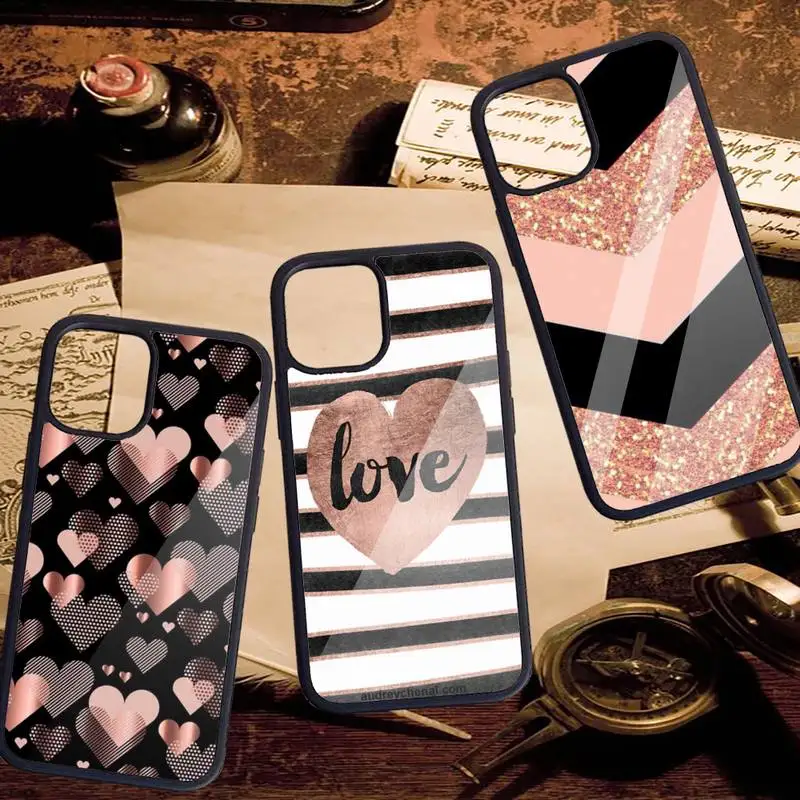 

Gold Rose Love heart pattern Phone Case PC For iPhone 11 12 pro XS MAX 8 7 6 6S Plus X 5S SE 2020 XR